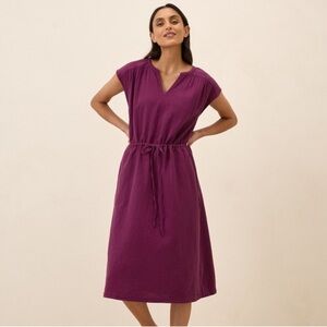 Pact Coastal Double Gauze Tie Waist Midi Dress size Large in Sangria Cotton